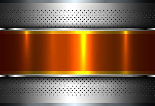 Metallic background silver orange, polished steel texture, vector design.